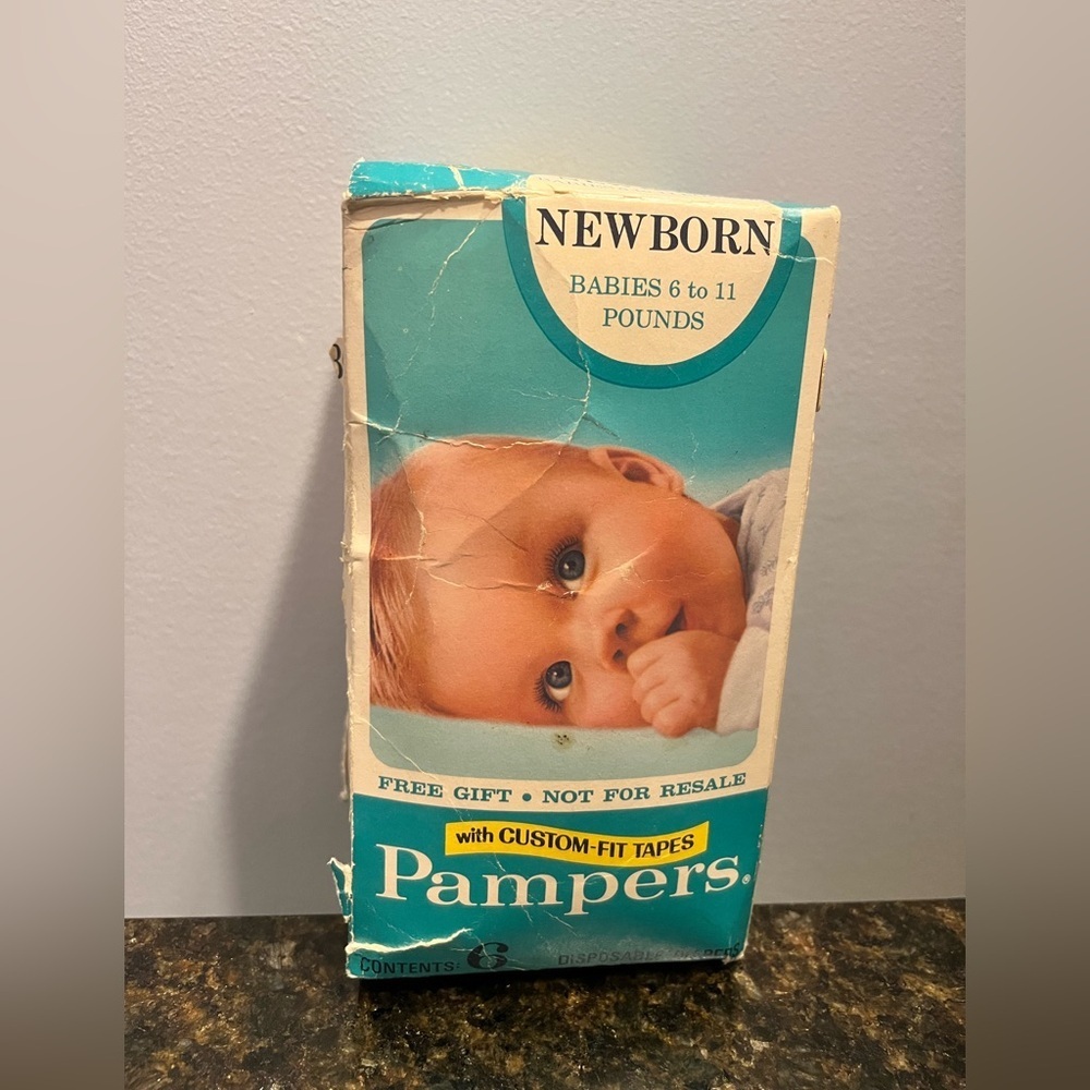 1980’s Vintage Pampers Diapers 6 Count W/custom Fit Tape new born